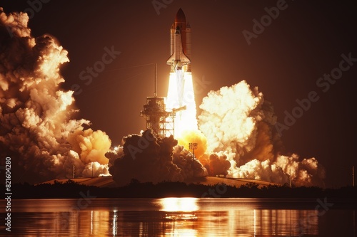 Powerful nighttime rocket launch with fiery exhaust and reflected light on water, showcasing space exploration and technology.