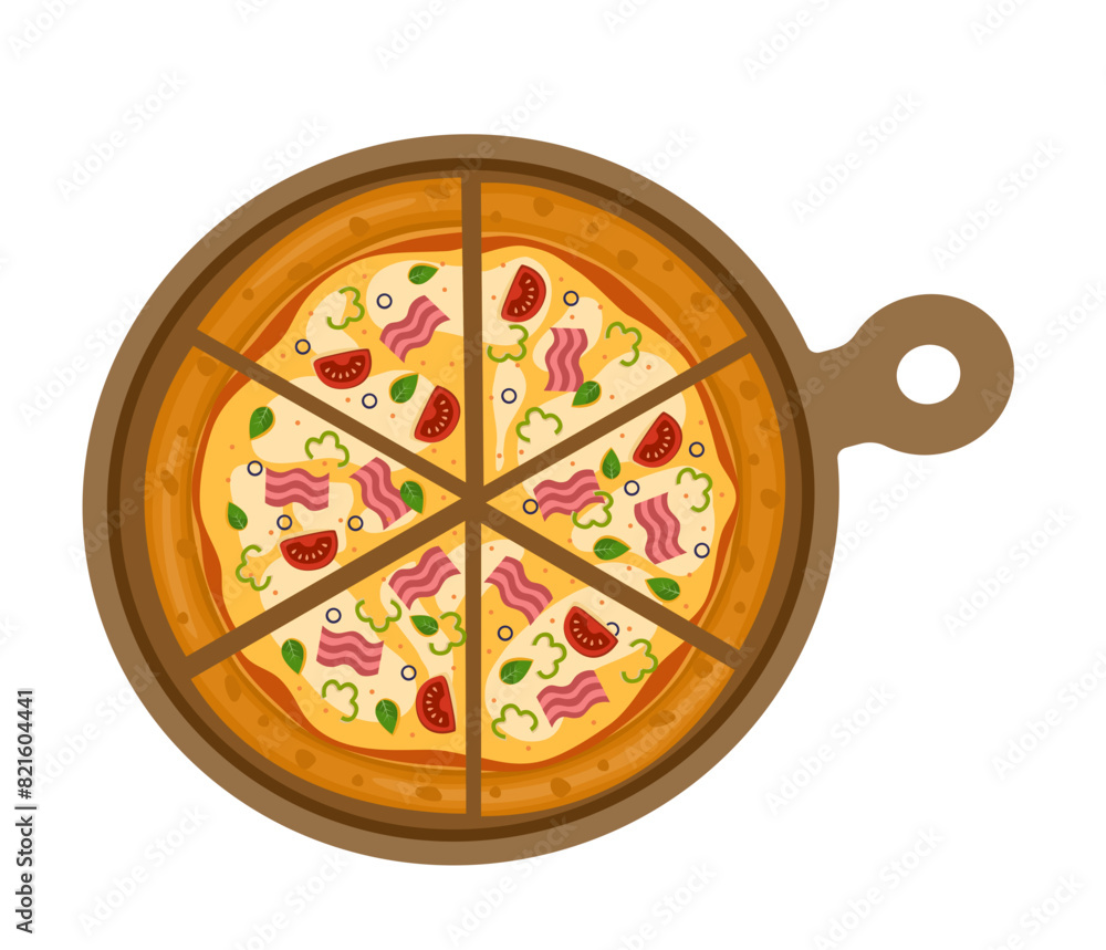 Capicciosa Pizza. Vector illustration of italian pizza. Pizza with ham, basil, tomato, peppers and cheese