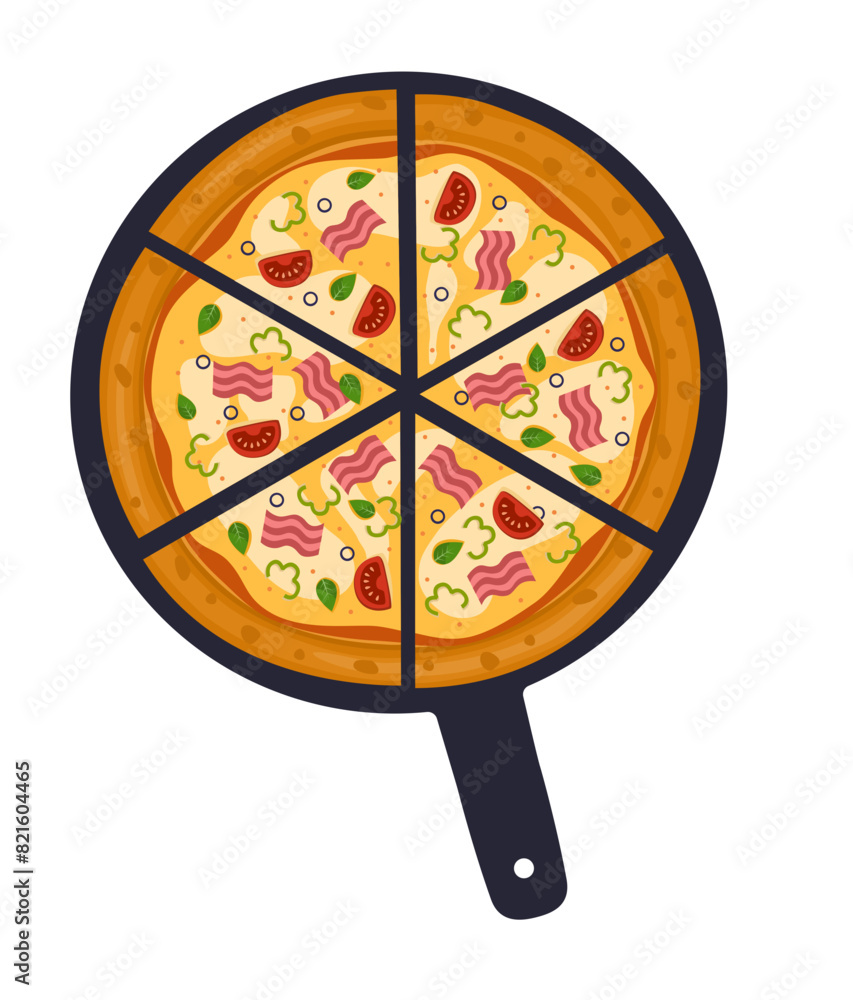 Capicciosa Pizza. Vector illustration of italian pizza. Pizza with ham, basil, tomato, peppers and cheese