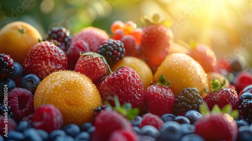 Assorted fresh organic fruits on blur sunlight background