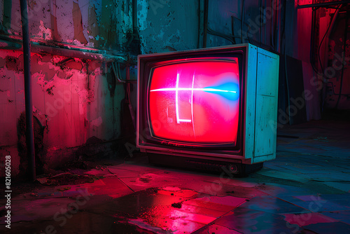 neon television on dark background