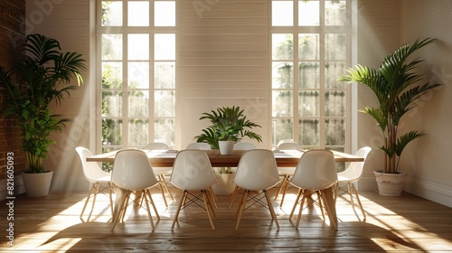 Bright and stylish office meeting room with modern white chairs and a refined wooden table