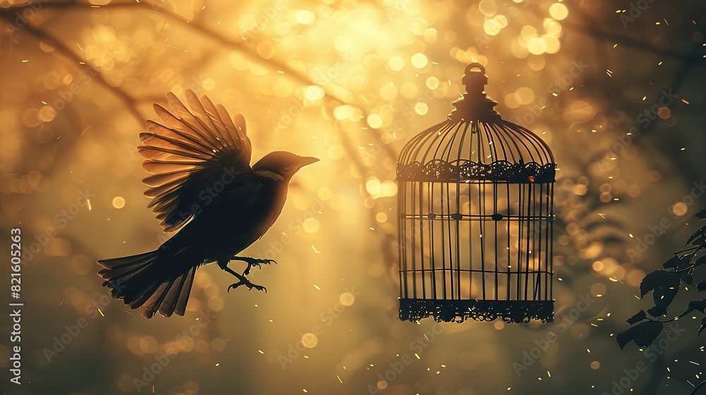 Fototapeta premium A drawing of a bird flying out of a cage with rays of light, symbolizing liberation and hope.