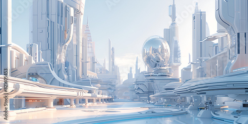 Futuristic city in the blue sky 3D rendering A breathtaking cityscape with futuristic buildings.