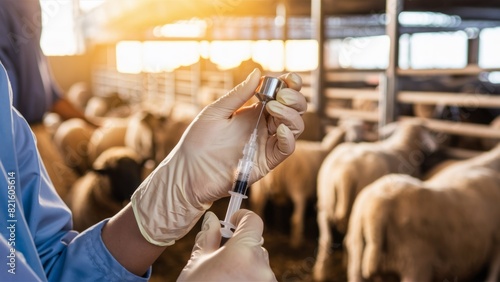 Obraz na płótnie A veterinarian prepares injections for livestock on a farm, focusing on animal care and the importance of animal health. w salonie