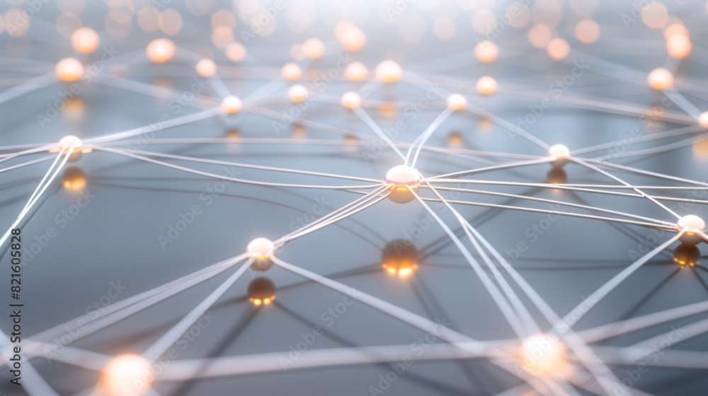A detailed network image with illuminated white and silver nodes connected by precise lines, showcasing advanced data connectivity and flow in a clean, professional manner A detailed network image with illuminated white and silver nodes connected by precise lines, showcasing advanced data connectivity and flow in a clean, professional manner