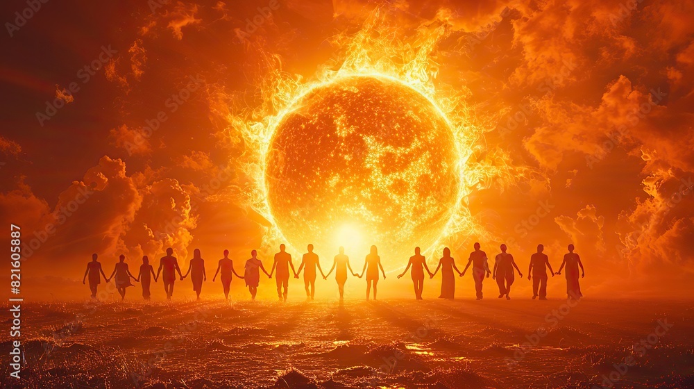 An image of a sun rising behind a group of people holding hands ...