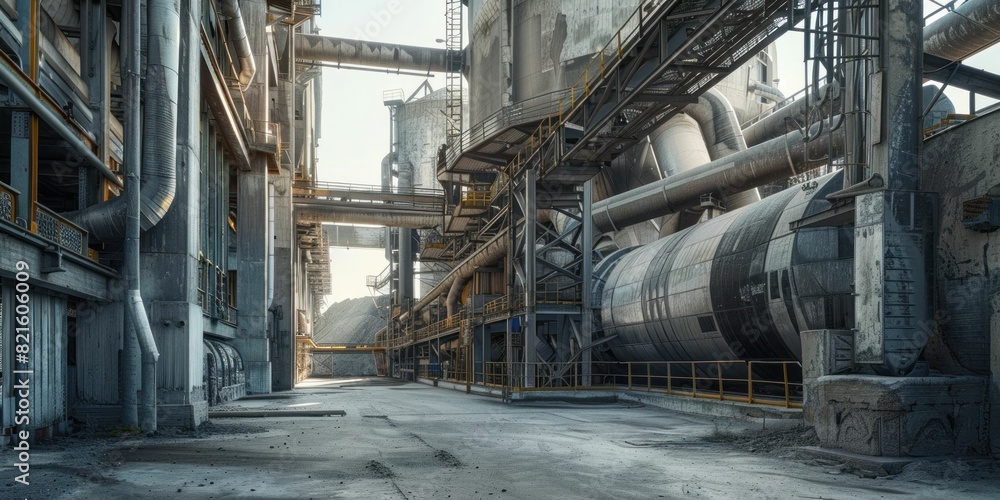 Industrial area with pipes in the middle of the street under a blue sky in a urban landscape Industrial area with pipes in the middle of the street under a blue sky in a urban landscape