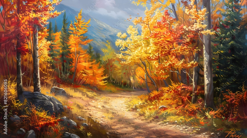 a mountain forest landscape in autumn with a multi-colored backdrop a mountain forest landscape in autumn with a multi-colored backdrop