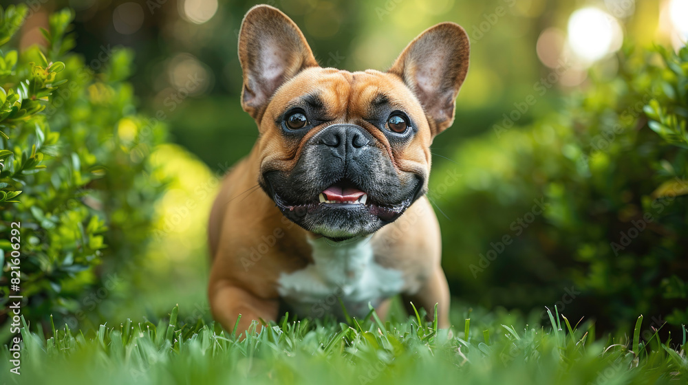 Fototapeta premium Happy young bulldog standing in grass in the park