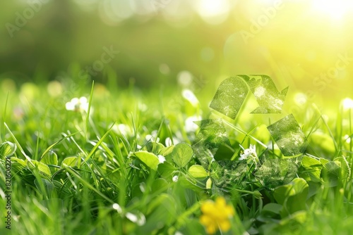 A plantthemed recycling symbol surrounded by lush green leaves photo