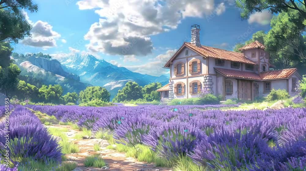lavender flower field with traditional house and mountain background animation illustration lavender flower field with traditional house and mountain background animation illustration