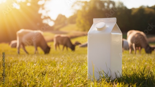 A carton of milk sits in a sunny pasture with cows grazing in the background, highlighting the farm-fresh origins of the product photo