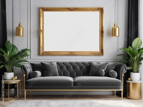 Luxury interior with stylish Steel Gray velvet sofa, wooden commode, mock up poster frame