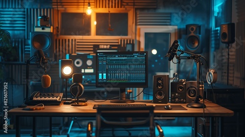 Recording equipment in a professional recording studio. Generative AI