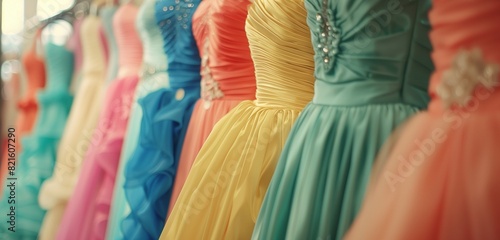 Rows of vibrant  high-end formal dresses hanging neatly in a chic boutique  captured in HD. 