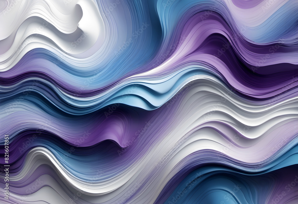 Fototapeta premium Abstract wavy layers in shades of purple, blue, and white creating a fluid and dynamic pattern.