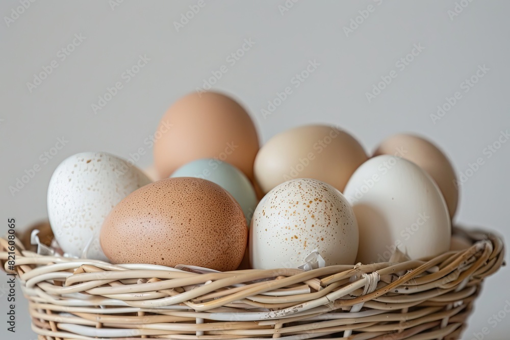 Farm-fresh eggs arranged in a basket against a neutral backdrop Farm-fresh eggs arranged in a basket against a neutral backdrop