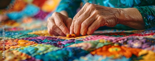 Colorful Patchwork Quilt Assembled by Skilled Artisan Hands Vibrant Textile Art and Craft in Progress