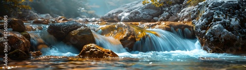 Picturesque Rocky Mountain Stream with Cascading Clear Waters Tumbling Over Boulders in a Serene Winter Wonderland photo