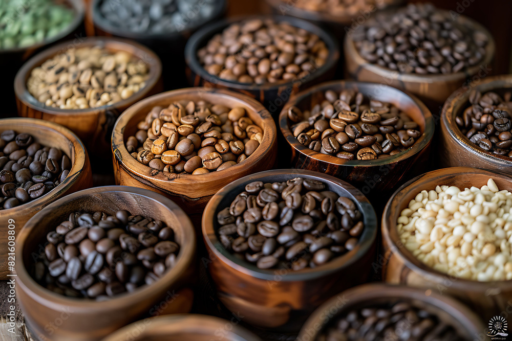 assortment of roasted coffee beans in wooden bowl assortment of roasted coffee beans in wooden bowl