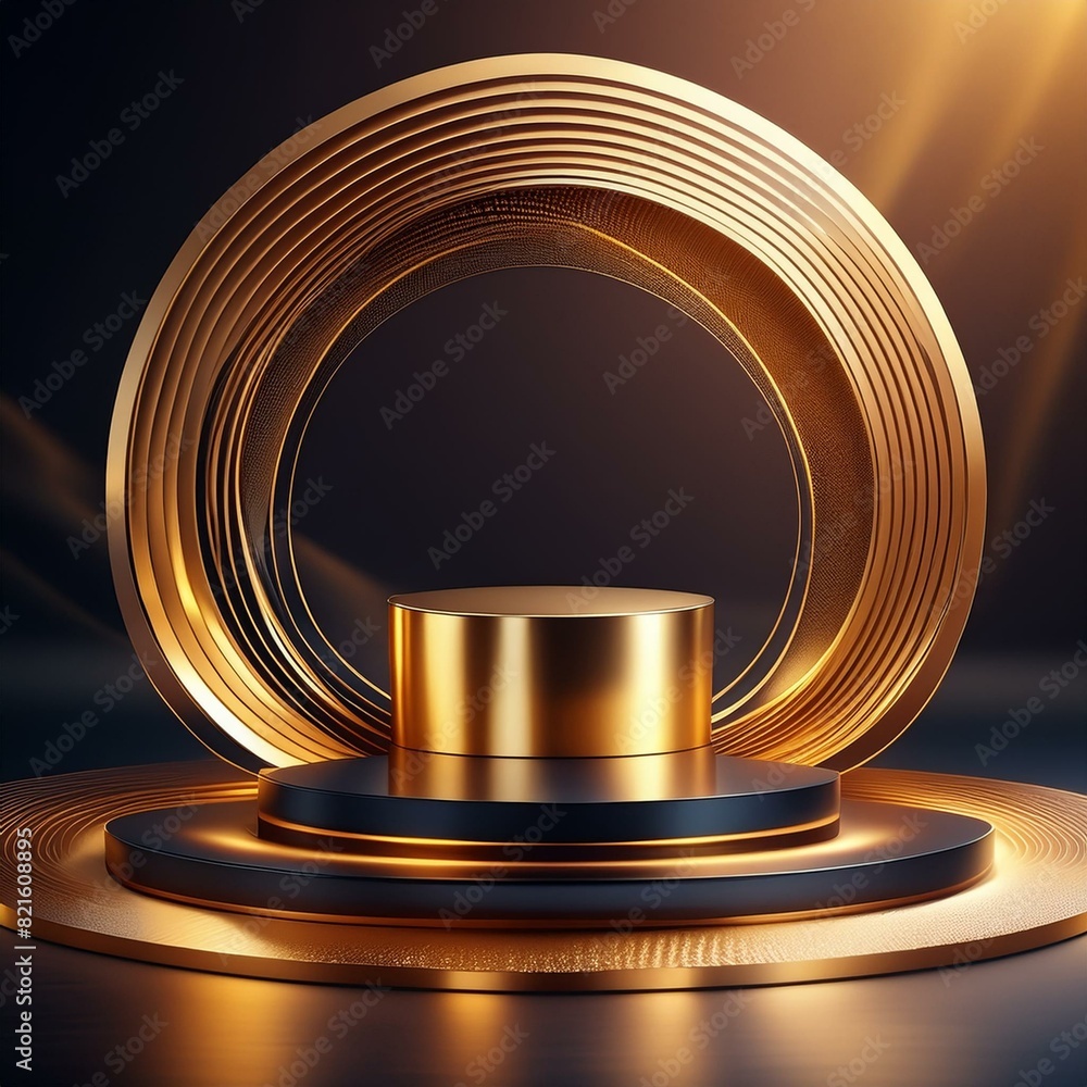 background with gold,3D rendering of a gold and black podium, with a golden product line on a wave-like stage, set against a dark background,
