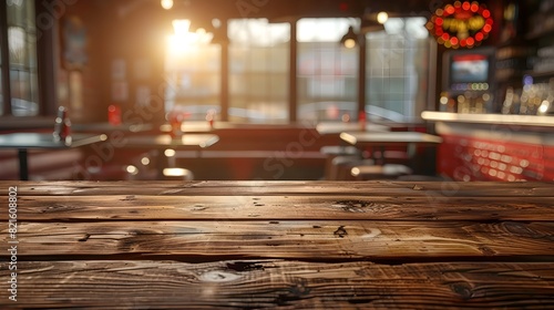 Vintage Wooden Table in Hazy Classic American Diner Setting with Copy Space