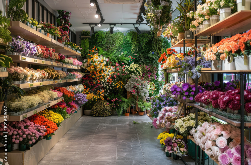 Flower shop interior design, flower wall behind the counter, lots of flowers on shelves and in vases, green plants, concrete floor