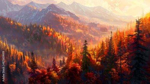 a mountain forest landscape in autumn with a multi-colored backdrop photo