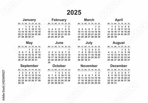 Calendar grid 2025 black and white  Simple layout of pocket or wall calendar on white
