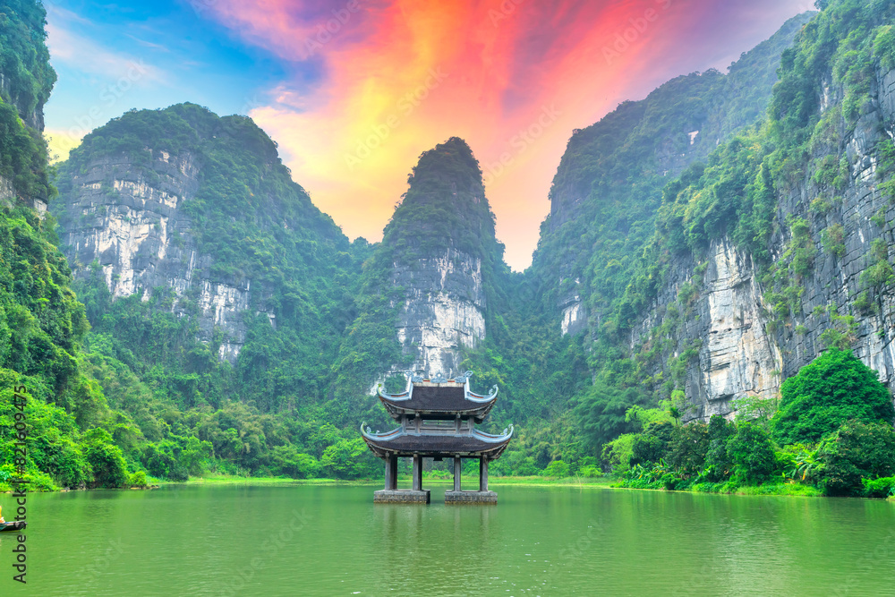 Landscape of Vu Cung at Tam Coc National Park. It was the place where the Tran Dynasty's struggle against the Nguyen Mong army took place and was also the practice place for feudal kings in Vietnam.