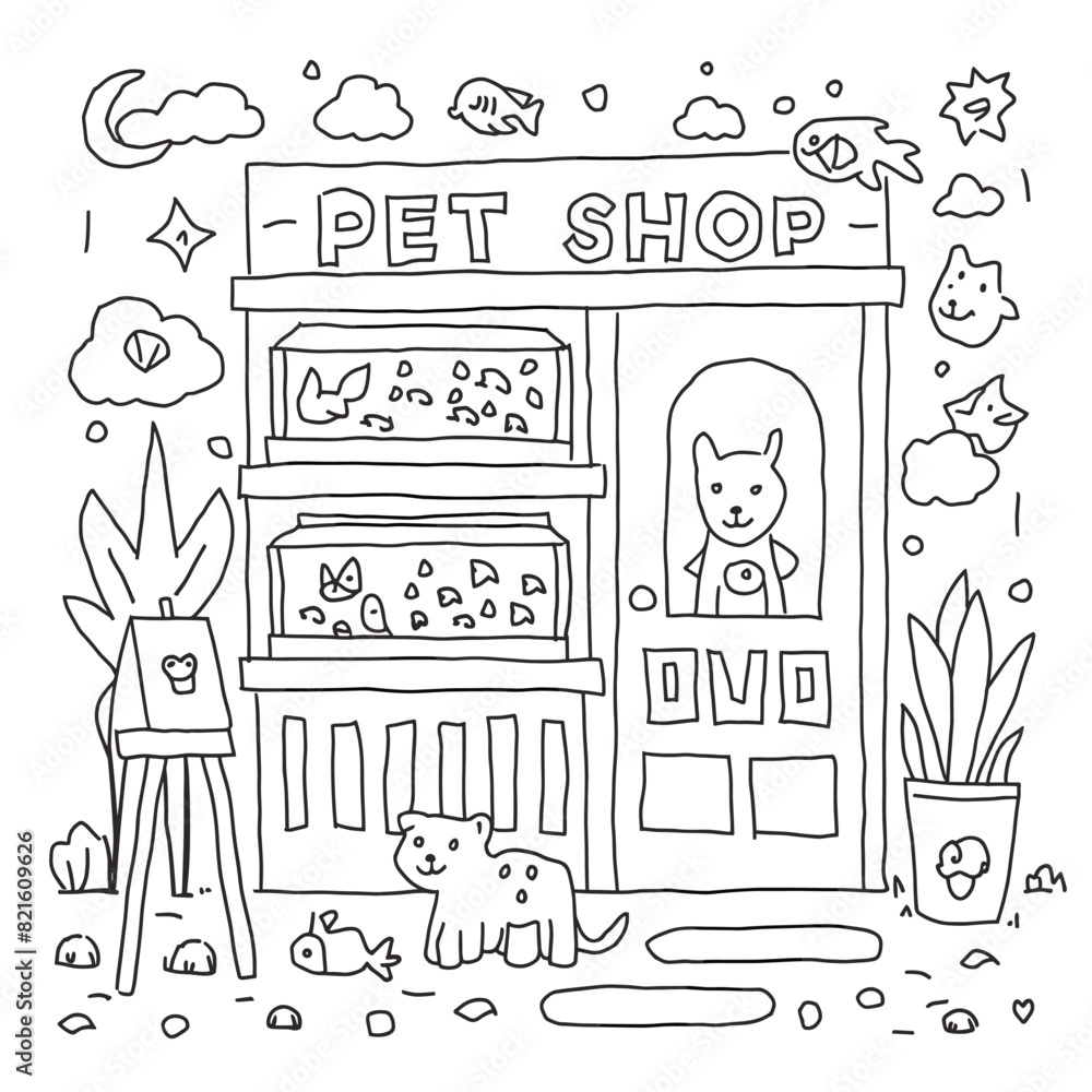 coloring book page illustration of a pet shop filled with animals and fish tanks.