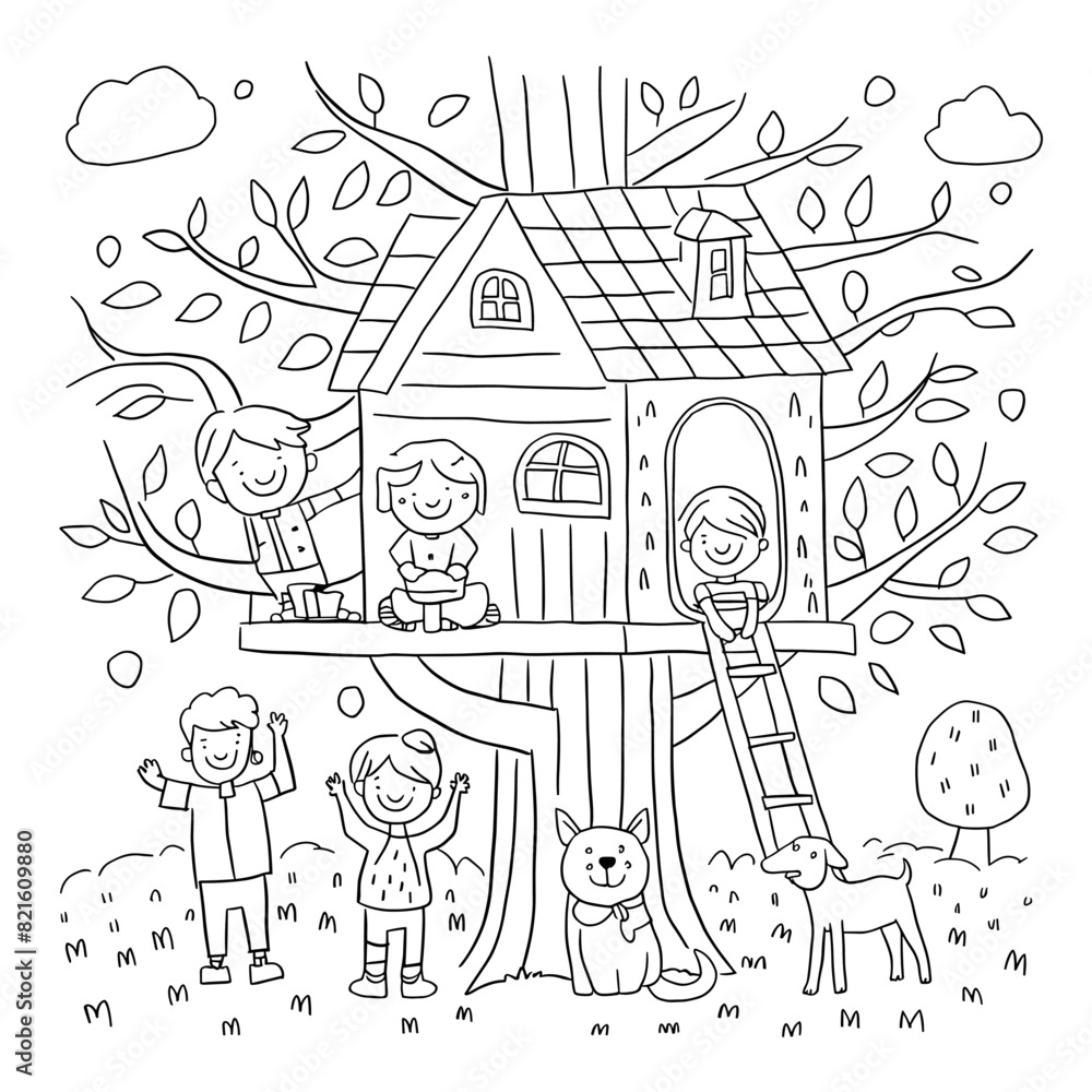coloring book page illustration of a treehouse filled with kids and pets.