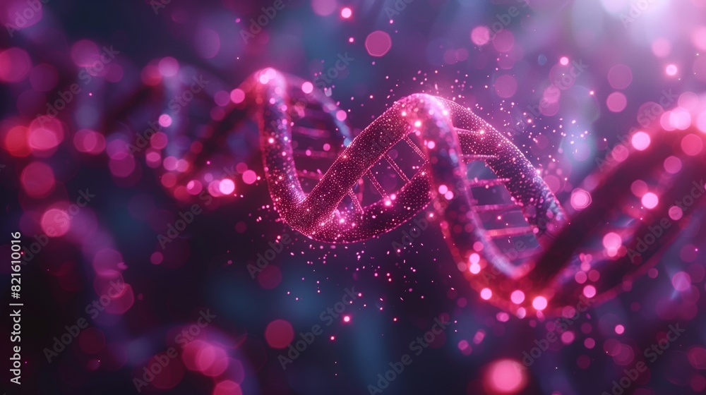A glowing pink DNA helix presented in a digital art style, emphasizing molecular structure and futuristic biotechnology. A glowing pink DNA helix presented in a digital art style, emphasizing molecular structure and futuristic biotechnology.
