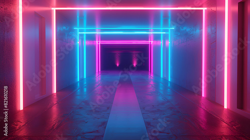 A long hallway is bathed in neon lights, casting a vibrant glow that illuminates the space. The lights are evenly spaced along the walls, creating a futuristic and modern ambiance, Neon color roadma 