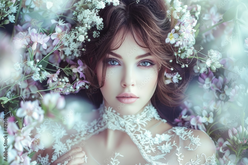 Enchanting portrait of a young woman surrounded by a lush array of delicate pink and white flowers