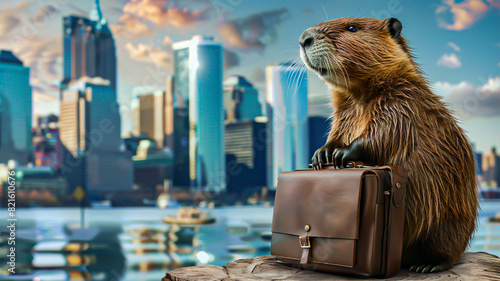 American beaver holding a briefcase, entering a corporate building copy space, first day at work, whimsical, Fusion, city skyline backdrop photo