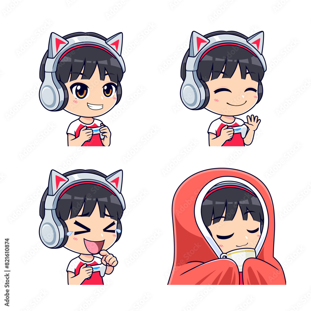 Εκτύπωση καμβά Cute gamer boy cartoon mascot vector illustration suitable for sticker, icons, badges and streamer