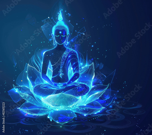 A vector illustration of the silhouette outline sitting in lotus position on top of an illuminated blue glowing mandala flower
