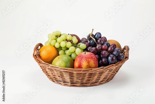 Fresh fruits arranged in a wicker basket on a white background
