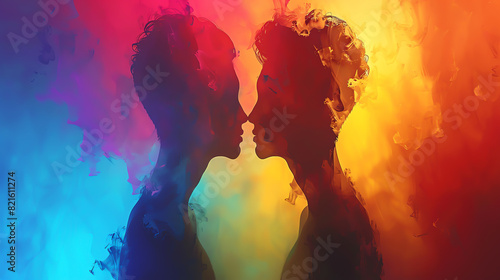 Silhouettes of two men sharing a close moment with a vibrant and colorful bokeh background.