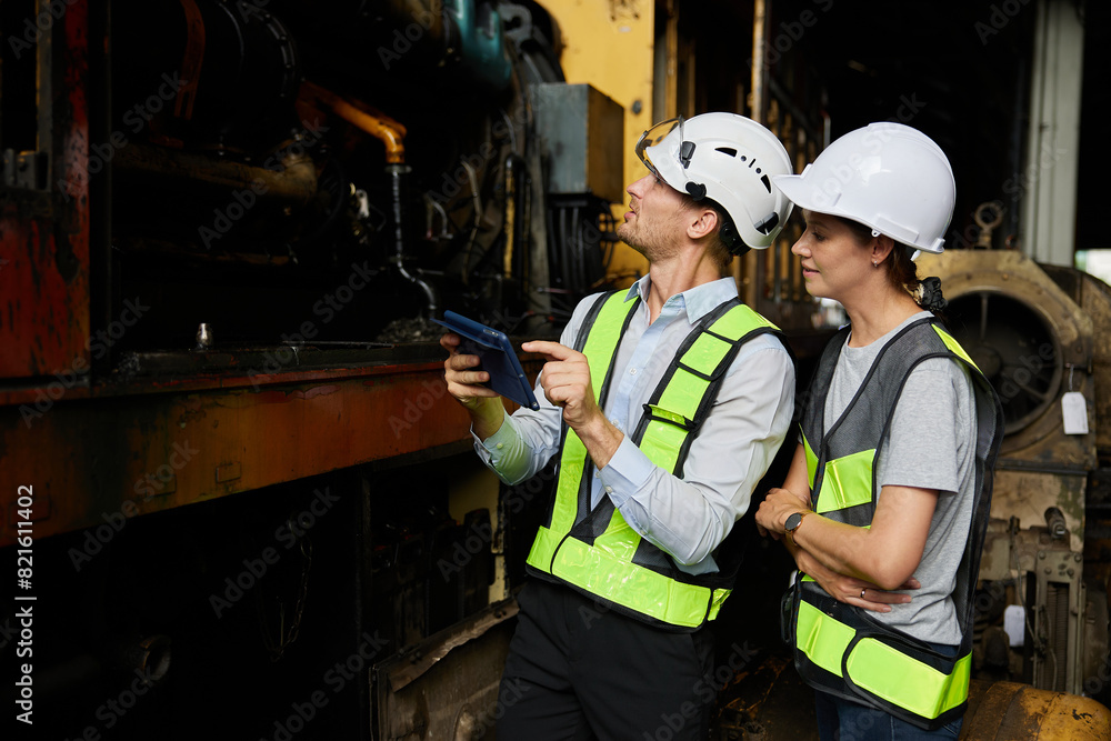 engineers or workers talking and checking construction train at station engineers or workers talking and checking construction train at station