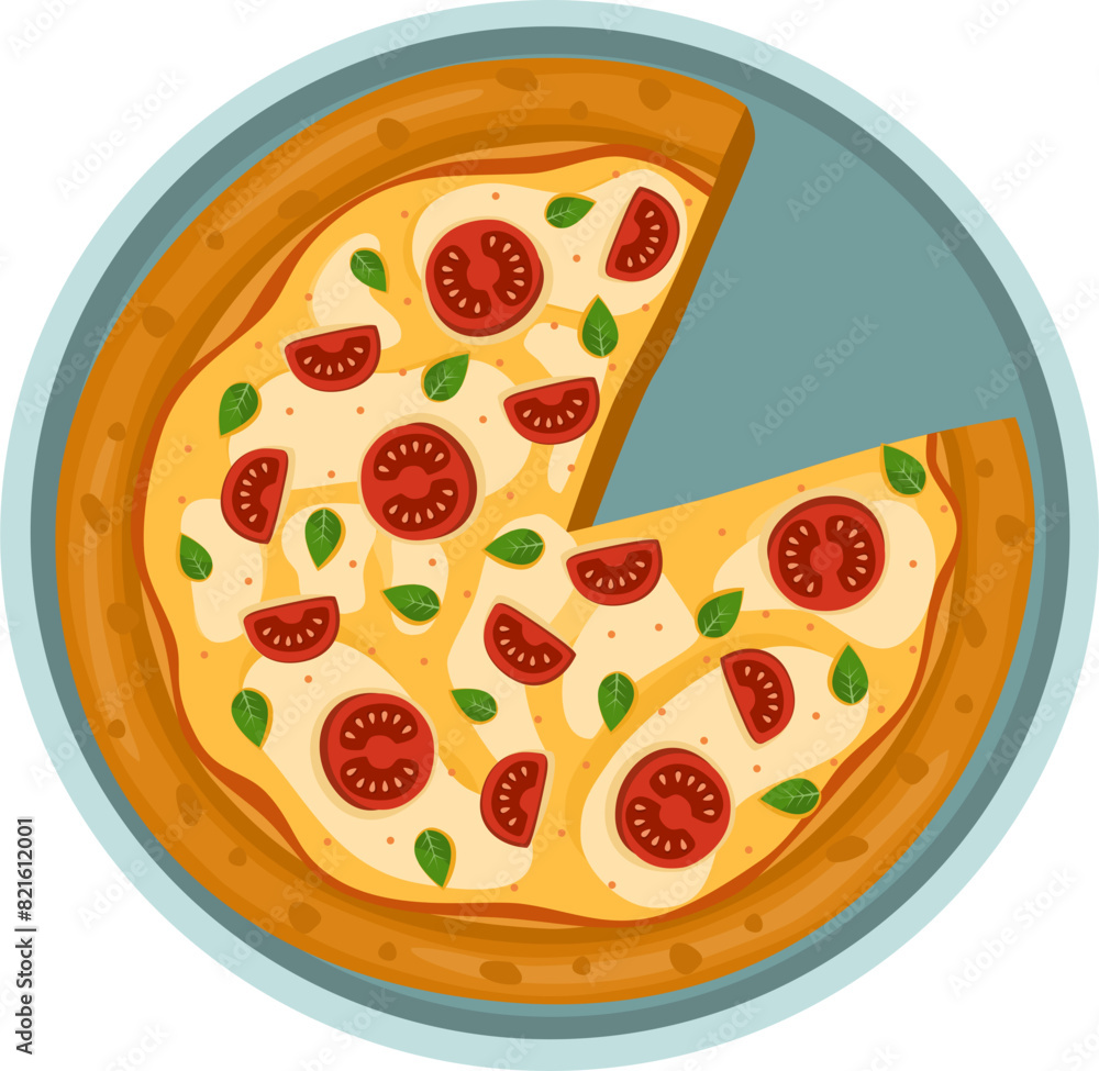 Hawaiian Pizza. Vector illustration of italian pizza. Pizza with basil, tomato, peppers and cheese Hawaiian Pizza. Vector illustration of italian pizza. Pizza with basil, tomato, peppers and cheese
