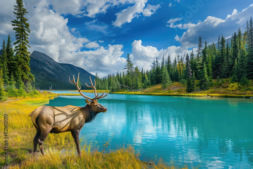 A majestic elk with impressive antlers stands beside an emerald lake in the heart of British Columbia's wilderness © Kien