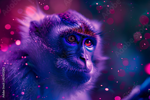 a monkey, neon, dark background, beautiful cosmic monkey with a piercing gaze