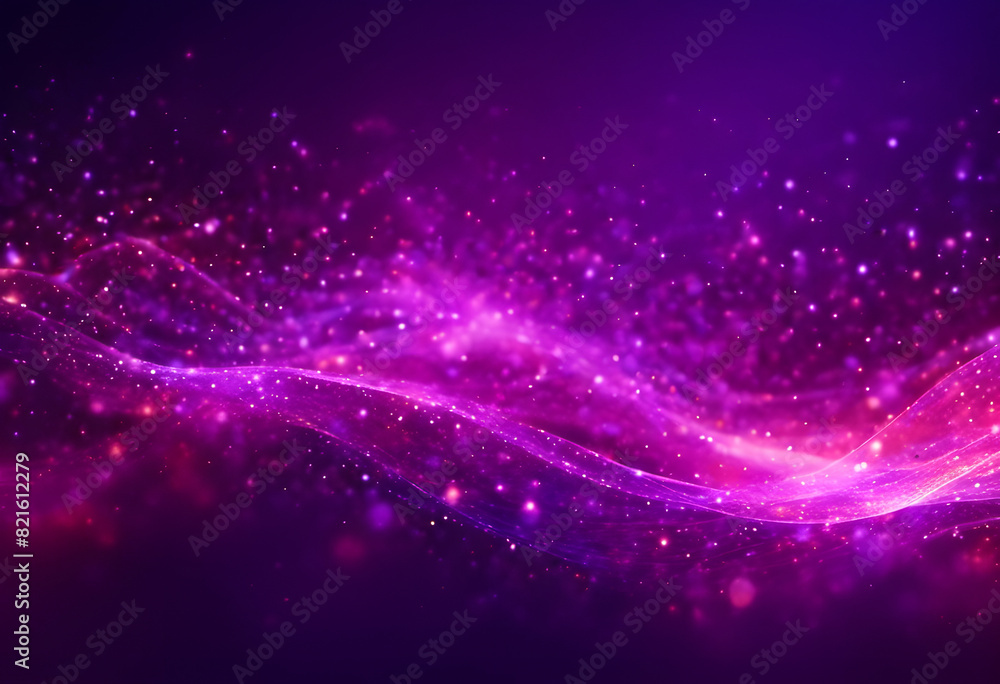 Fototapeta premium A vibrant, abstract digital art piece featuring flowing waves of purple and pink light particles against a dark background.