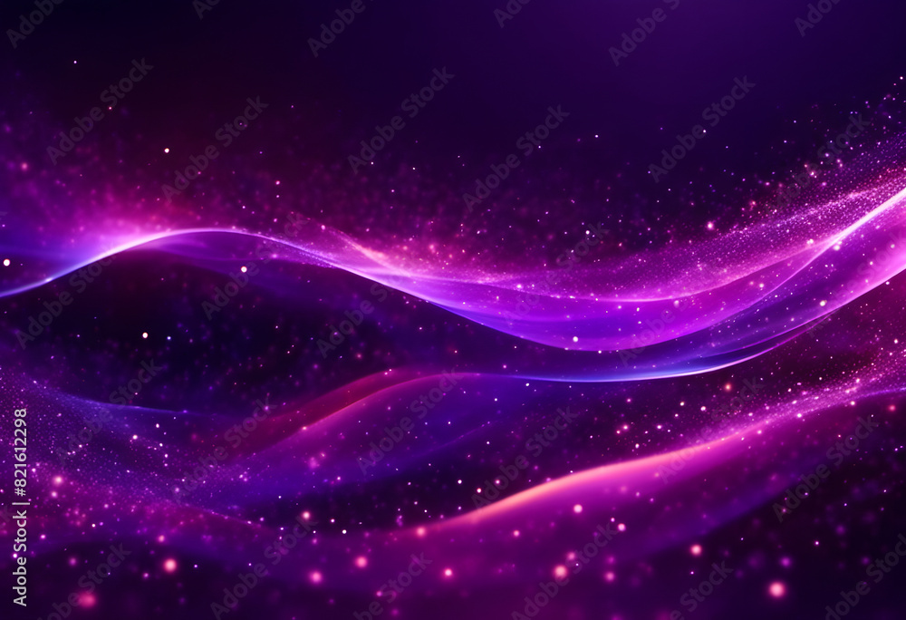 Obraz premium Abstract purple and pink wave-like light trails with sparkling particles on a dark background.