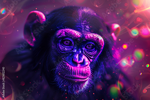 a monkey, neon, dark background, beautiful cosmic monkey with a piercing gaze