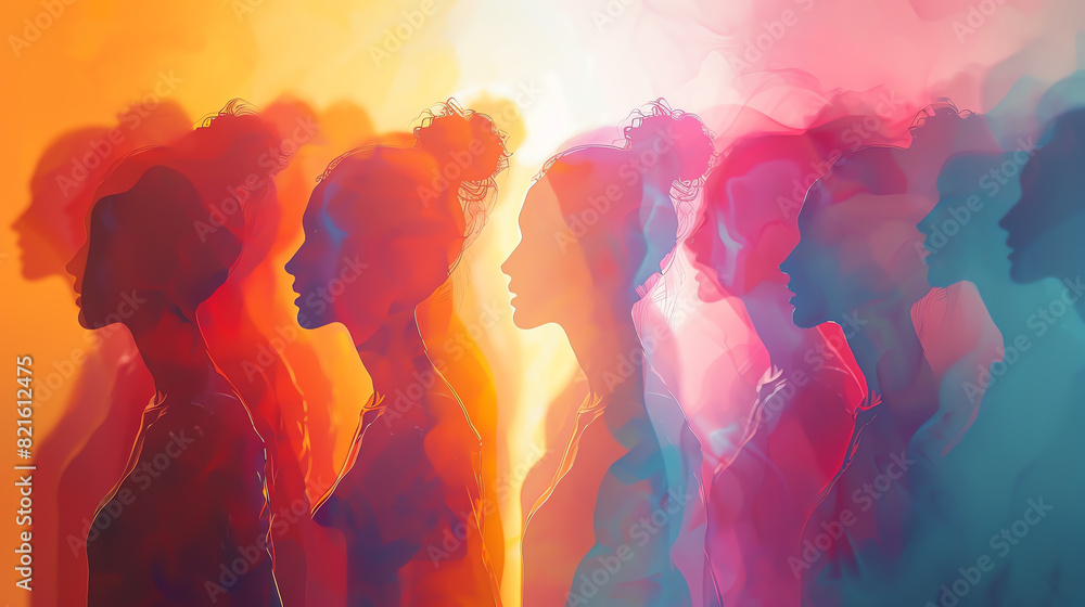 Artistic representation of women in silhouette facing each other with a vibrant and dreamy light background. Artistic representation of women in silhouette facing each other with a vibrant and dreamy light background.