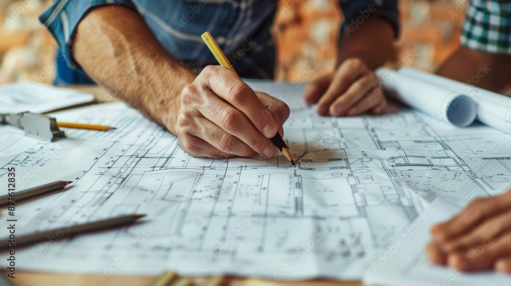 A close-up of hands sketching on a shared blueprint, highlighting the collaborative process of design and planning A close-up of hands sketching on a shared blueprint, highlighting the collaborative process of design and planning